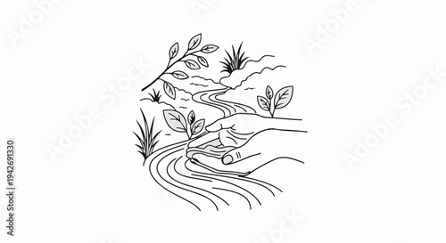 A hand cradles water from a winding stream amidst foliage and rocks