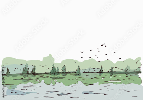 A majestic flock of geese and birds in flight soars over a serene summer landscape featuring a calm lake, distant mountains, and lush green trees under a cloudy sky