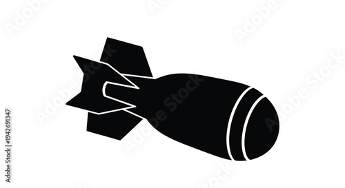 A stark black silhouette of a bomb with prominent fins