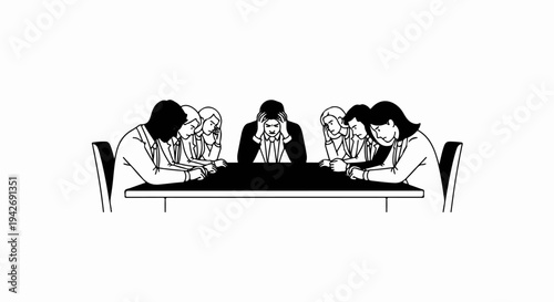 A group of people sitting around a table, one person is stressed