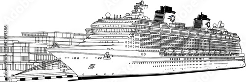 A detailed line drawing depicts a large passenger cruise ship docked beside a series of cargo containers