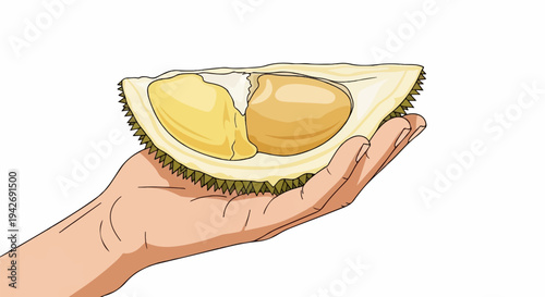 A hand holds a slice of spiky yellow fruit, revealing its soft flesh
