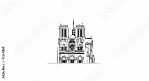 A detailed line drawing of a historic cathedral's facade with two spires