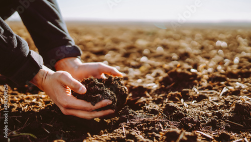 Canvastavla Close-up of experienced farmer's hands holding fertile soil in field on sunny day