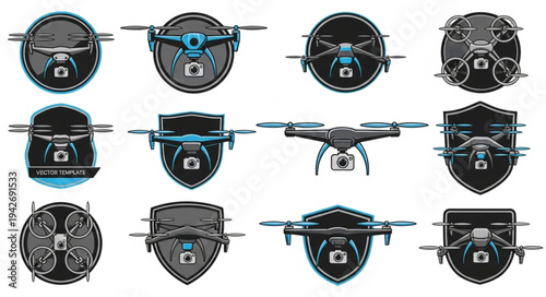 Collection of drone emblems and badges for aerial photography.