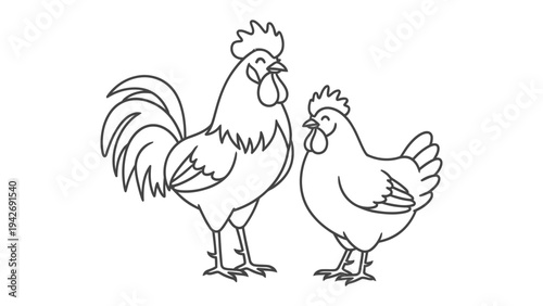 Farmyard Friends: A charming illustration depicts a rooster and a hen standing side-by-side. The rooster boasts a proud posture, while the hen exudes a calm and composed demeanor.