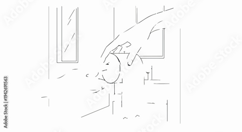 A hand holds a round object in front of a minimalist interior with vertical lines