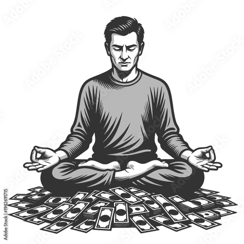 calm man meditating in lotus position surrounded by cash, wealth mindset, prosperity, financial focus, and abundance sketch engraving generative ai vector illustration. Scratch board. Black and white.