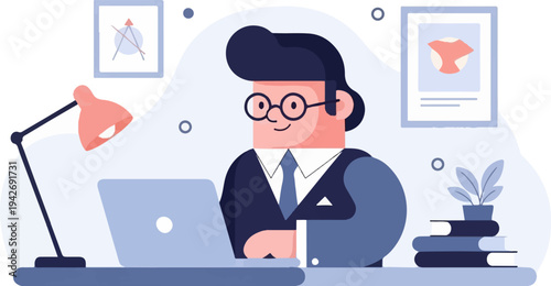 A person in formal attire works on a laptop at a desk with a lamp and books