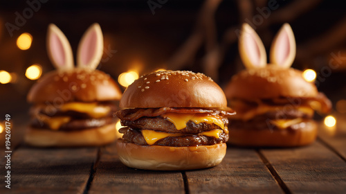 Delicious double cheeseburgers with crispy bacon and bunny ear decorations sit on a rustic wooden table, creating a festive easter holiday dining experience with warm background lights
