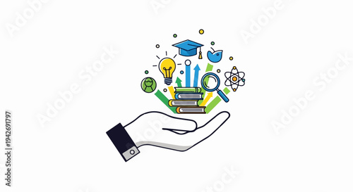 A hand holds symbols of knowledge, learning, and scientific discovery