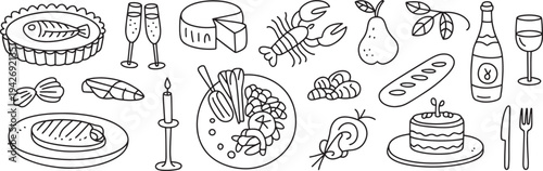 Hand drawn black and white food and drink line art illustration set for menu design