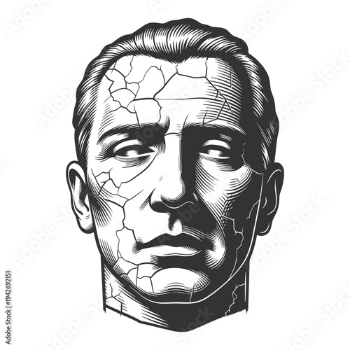 classical male statue face with subtle porcelain-like cracks, fragility, aging, and timeless ancient sculpture sketch engraving generative ai vector illustration. Scratch board. Black and white.