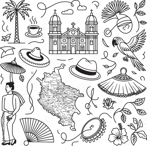 Black and white travel line art illustration with landmarks, hats, coffee, and nature elements