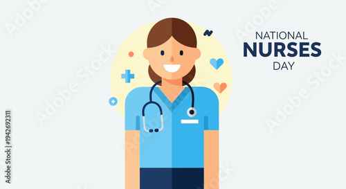 Happy National Nurses Day celebration with a smiling nurse holding a stethoscope and surrounded by medical icons symbolizing care and health awareness