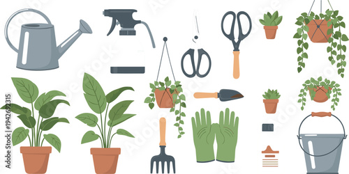 Gardening Tools and Houseplants Icon Set Featuring Watering Can, Spray Bottle, Pruning Scissors, Gloves, Pots, and Indoor Plants