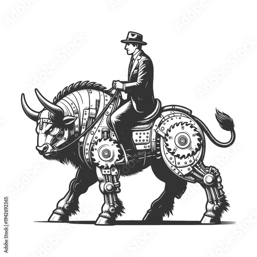 businessman riding a mechanical bull made of gears sketch engraving generative ai fictional character vector illustration. Scratch board imitation. Black and white image.