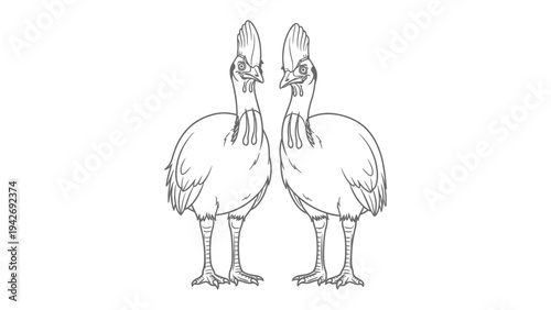 Illustrative Cassowary: two cassowary birds standing facing each other, depicting the essence of wildlife through artistic illustration.