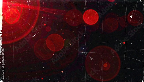 Abstract, dark scene with red orbs and light flares, vintage texture