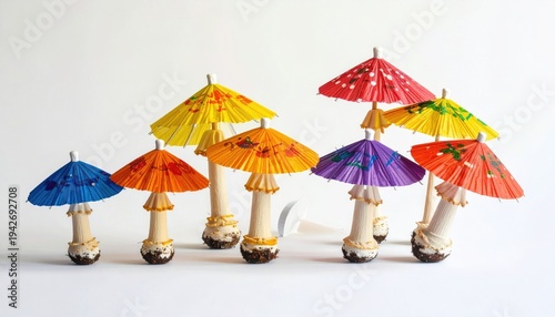 Colorful cocktail umbrellas stand in a group against a white backdrop