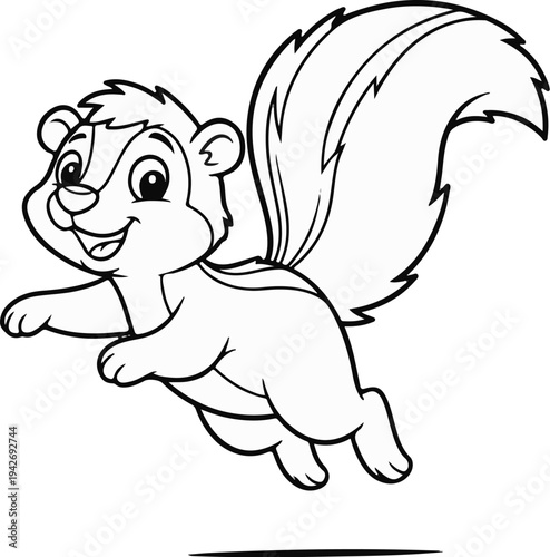 A happy cartoon skunk in mid-air with a large bushy tail