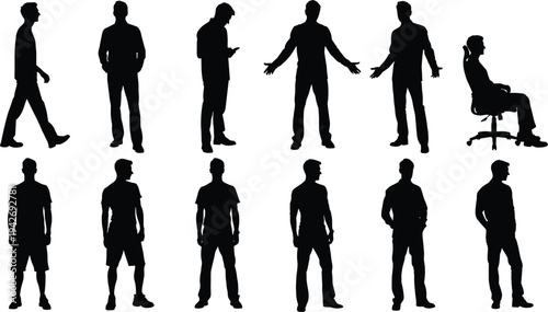 Diverse collection of black silhouettes featuring business people walking, standing, a boxer, and women in relaxed sitting and reclining poses,