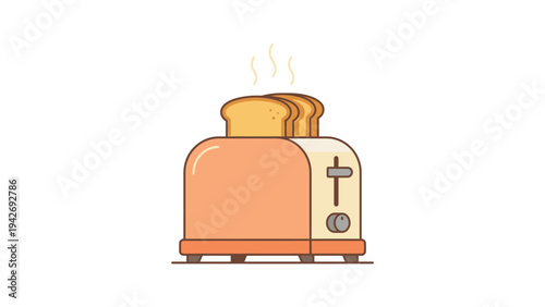 flat vector illustration toaster popping up golden toasted bread slices with steam rising, simple dial knob and base details.
