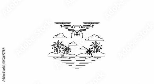 A drone flies over a tropical island with palm trees and ocean views