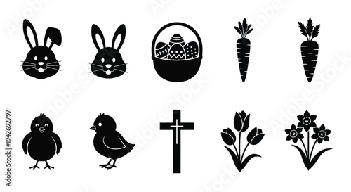Diverse vector graphic illustration icons of traditional Easter and spring symbols in black silhouette.