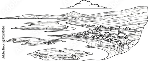 A scenic coastal village nestled beside a winding river under a cloudy sky