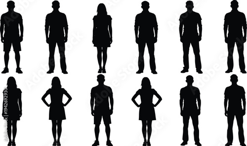 Diverse collection of black silhouettes featuring business people walking, standing, a boxer, and women in relaxed sitting and reclining poses,