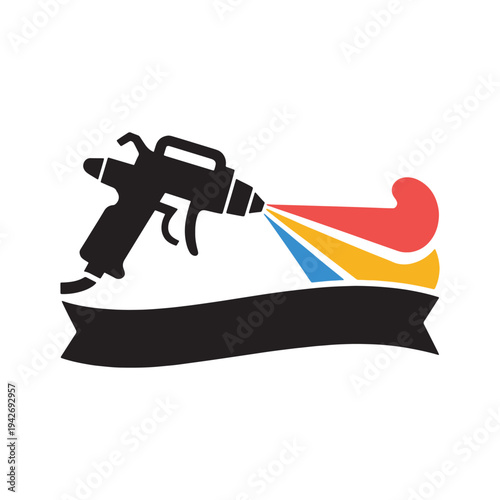 Creative spray paint gun producing colorful abstract shapes and a candy-like design.