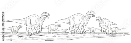 A herd of dinosaurs, varying in size, walks across a rippling, stylized landscape