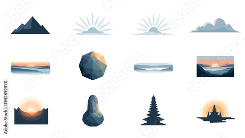 Minimalist nature icons featuring mountains, sun, clouds, and geometric shapes in soft earth tones