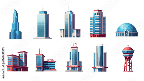 Modern urban architecture: collection of futuristic city buildings in flat style