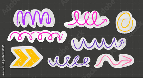 Papercut arrow stickers for scrapbook collage, realistic vector set isolated on background. Grunge cutout collection with doodle elements, fancy color arrows, black vintage square box paper texture