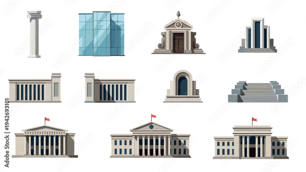 Fototapeta premium Collection of diverse architectural structures in flat design style