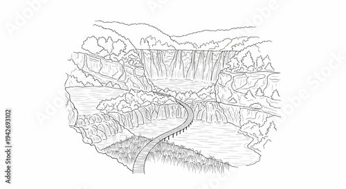 A scenic illustration of a waterfall with a wooden walkway