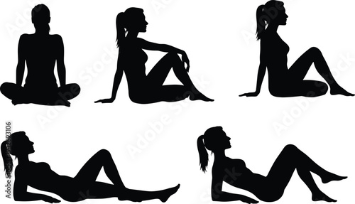 Collection of black silhouettes featuring business people walking, standing, a boxer, and women in various relaxed sitting and reclining poses,