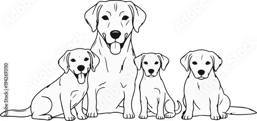 A family of dogs, a large adult and three puppies, in a line