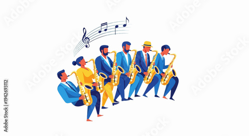 A jazz band of five people plays saxophones, with music notes above