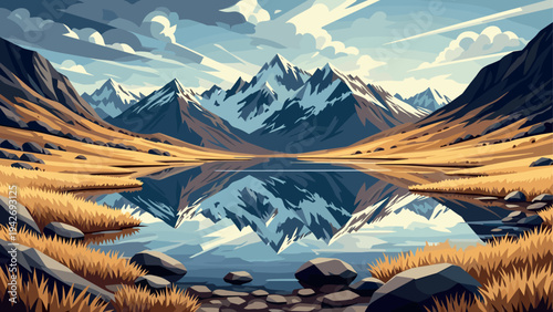 Majestic mountain reflection in serene lake surrounded by golden grassy plains