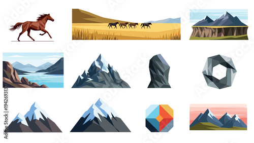 Stunning mountain landscapes and running horses: geometric nature scenes
