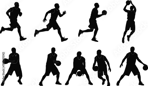 Basketball player silhouettes set, athletes dribbling running shooting ball, sport action poses collection, basketball training vector illustration