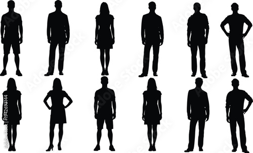 Diverse collection of black silhouettes featuring business people walking, standing, a boxer, and women in relaxed sitting and reclining poses,
