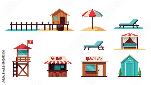 Beach icons set: relax in style with lounge chairs, bars, and more