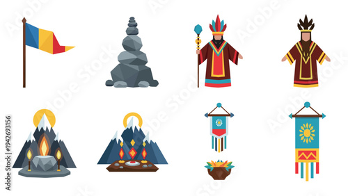 Flat tribal elements set with traditional costumes and ceremonial symbols