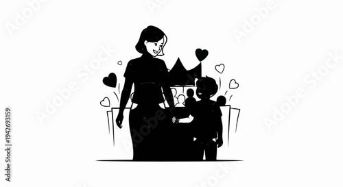 A joyful woman holds a child's hand, surrounded by floating hearts