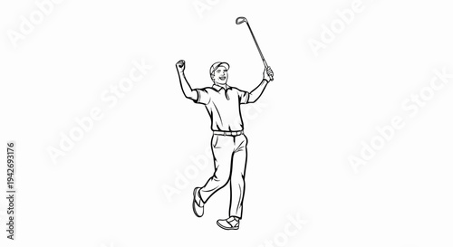 A jubilant golfer raises a club and fist in triumph on white background