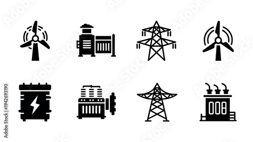 Black energy icons set with wind turbine, power plant, and transmission tower